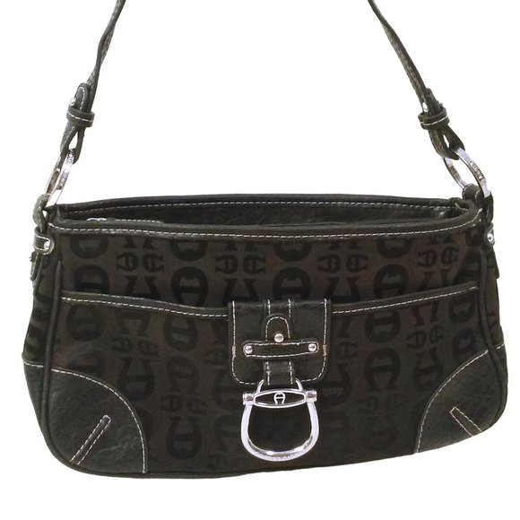 Y2K Etienne Aigner Vegan Fabric Monogram Equestrian Shoulder Handbag 5x12 Black - Picture 1 of 12